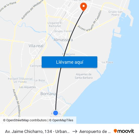 Av. Jaime Chicharro, 134 - Urbanització [Borriana] to Aeropuerto de Castellon map