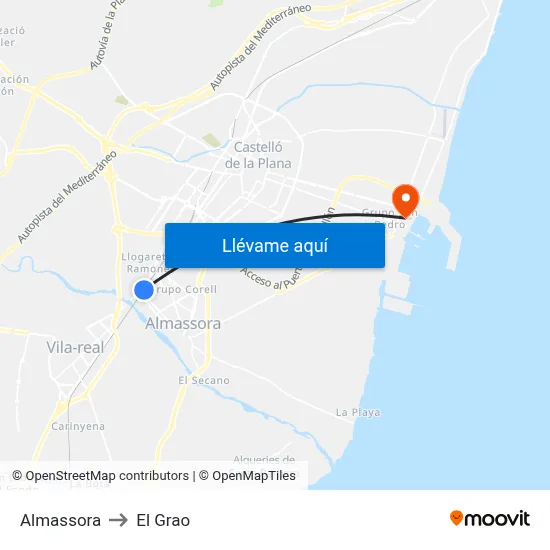Almassora to El Grao map