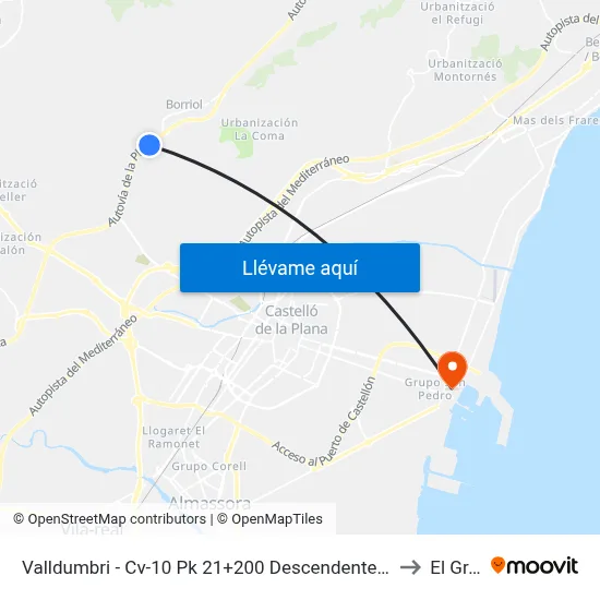 Valldumbri - Cv-10 Pk 21+200 Descendente[Borriol] to El Grao map
