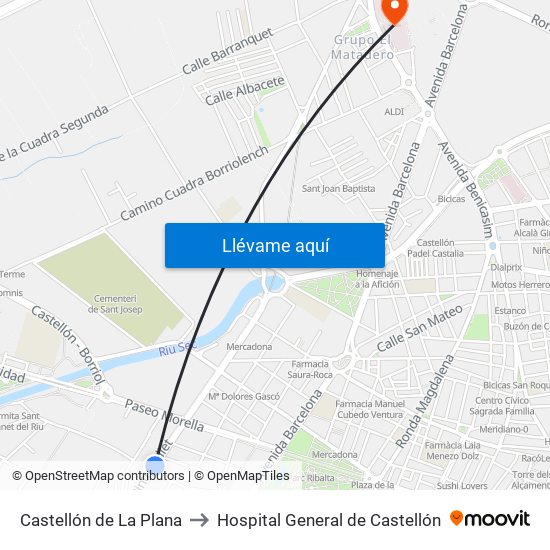 Castellón de La Plana to Hospital General de Castellón map