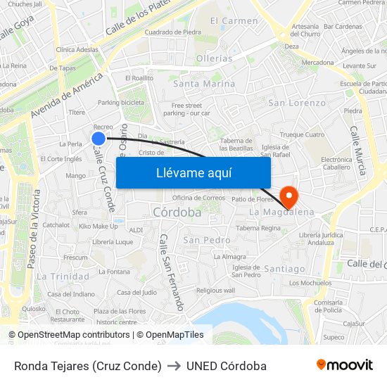Ronda Tejares (Cruz Conde) to UNED Córdoba map