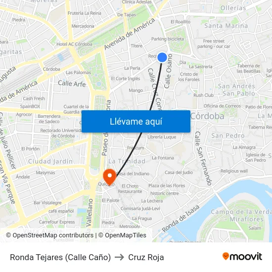 Ronda Tejares (Calle Caño) to Cruz Roja map