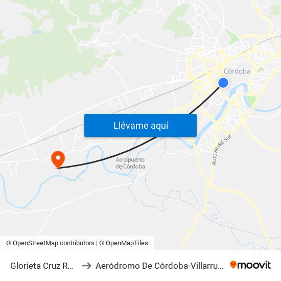 Glorieta Cruz Roja to Aeródromo De Córdoba-Villarrubia map