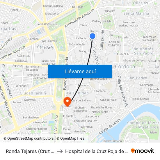 Ronda Tejares (Cruz Conde) to Hospital de la Cruz Roja de Córdoba map