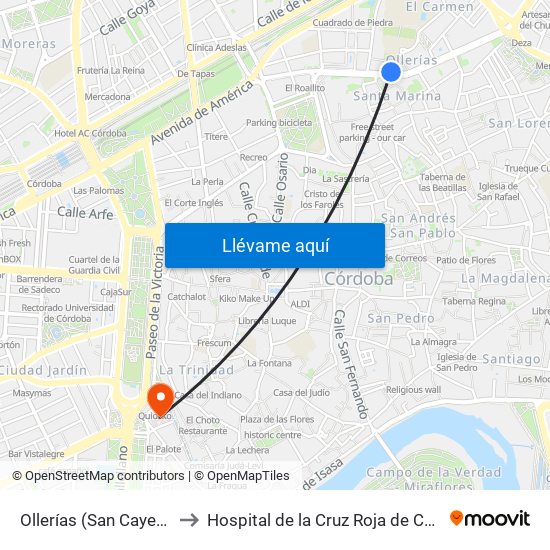 Ollerías (San Cayetano) to Hospital de la Cruz Roja de Córdoba map