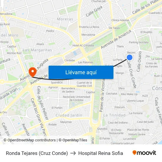 Ronda Tejares (Cruz Conde) to Hospital Reina Sofia map