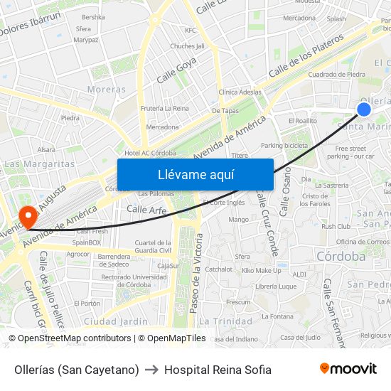 Ollerías (San Cayetano) to Hospital Reina Sofia map