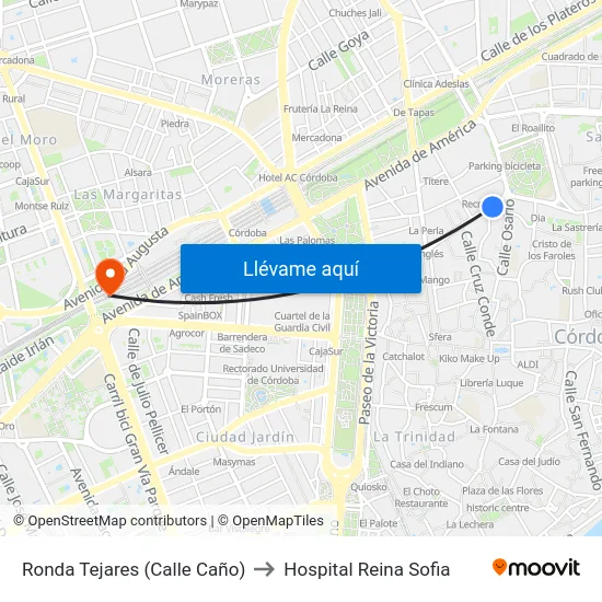 Ronda Tejares (Calle Caño) to Hospital Reina Sofia map