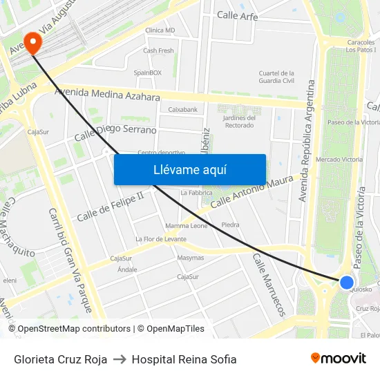 Glorieta Cruz Roja to Hospital Reina Sofia map