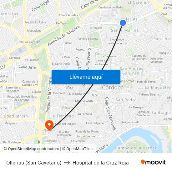 Ollerías (San Cayetano) to Hospital de la Cruz Roja map