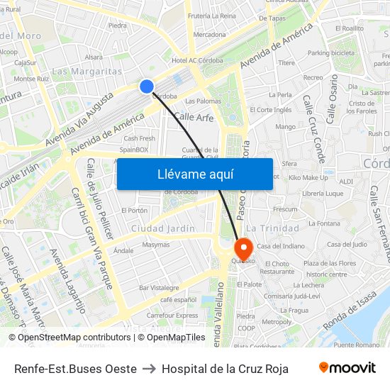 Renfe-Est.Buses Oeste to Hospital de la Cruz Roja map