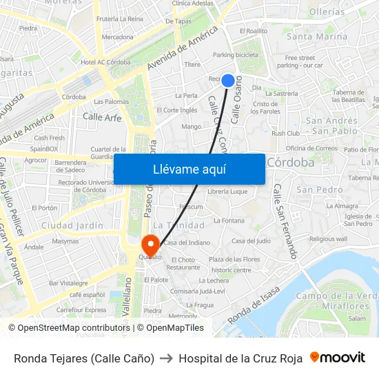 Ronda Tejares (Calle Caño) to Hospital de la Cruz Roja map