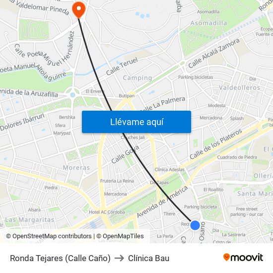 Ronda Tejares (Calle Caño) to Clínica Bau map