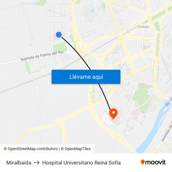 Miralbaida to Hospital Universitario Reina Sofía map