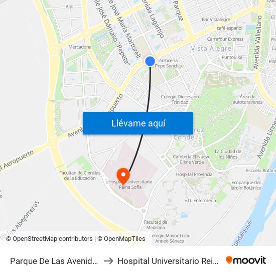 Parque De Las Avenidas D.C. to Hospital Universitario Reina Sofía map