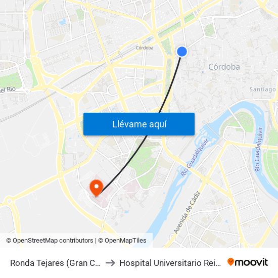 Ronda Tejares (Gran Capitán) to Hospital Universitario Reina Sofía map