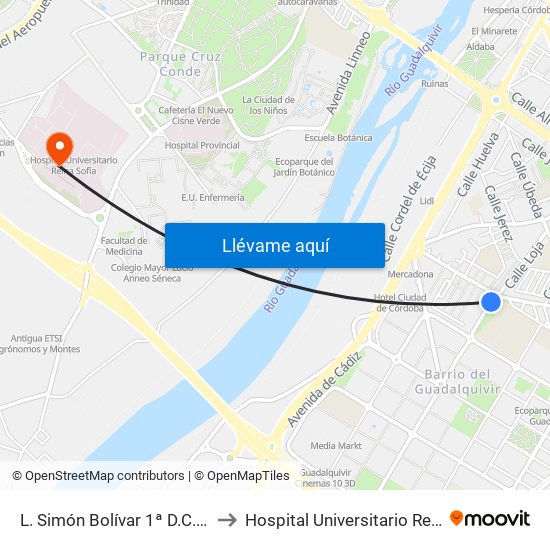 L. Simón Bolívar 1ª D.C.Sanitaria to Hospital Universitario Reina Sofía map