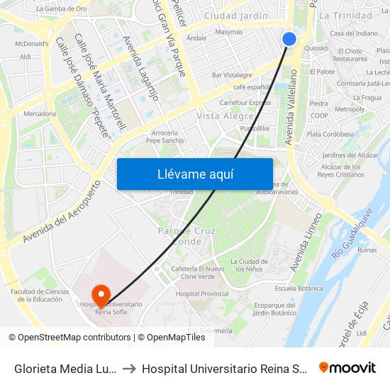 Glorieta Media Luna to Hospital Universitario Reina Sofía map