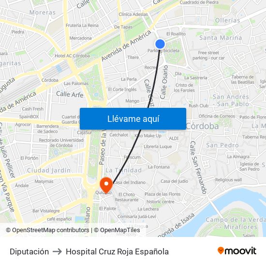 Diputación to Hospital Cruz Roja Española map