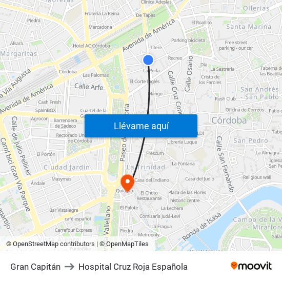 Gran Capitán to Hospital Cruz Roja Española map