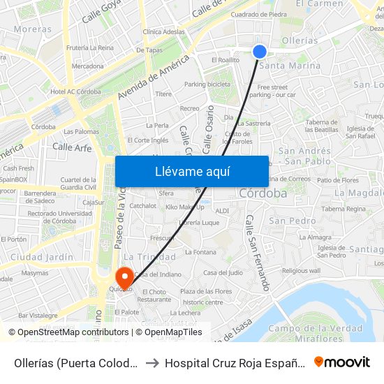 Ollerías (Puerta Colodro) to Hospital Cruz Roja Española map