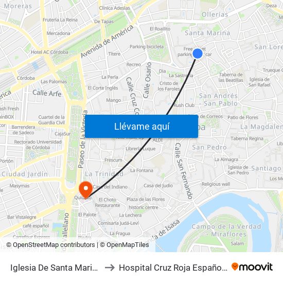 Iglesia De Santa Marina to Hospital Cruz Roja Española map
