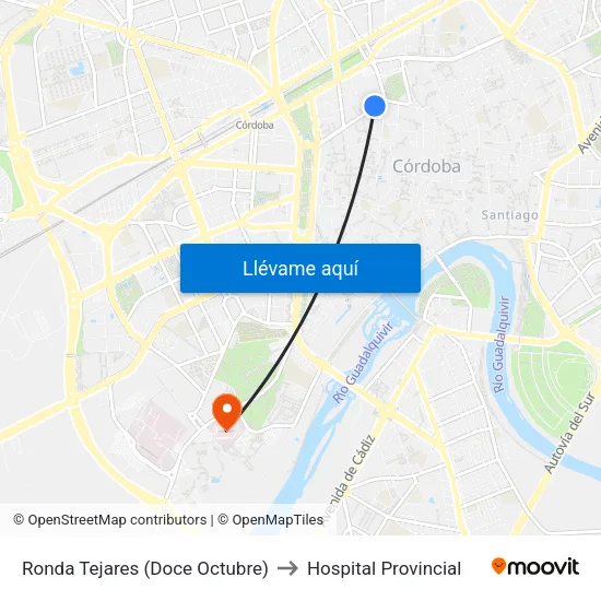 Ronda Tejares (Doce Octubre) to Hospital Provincial map