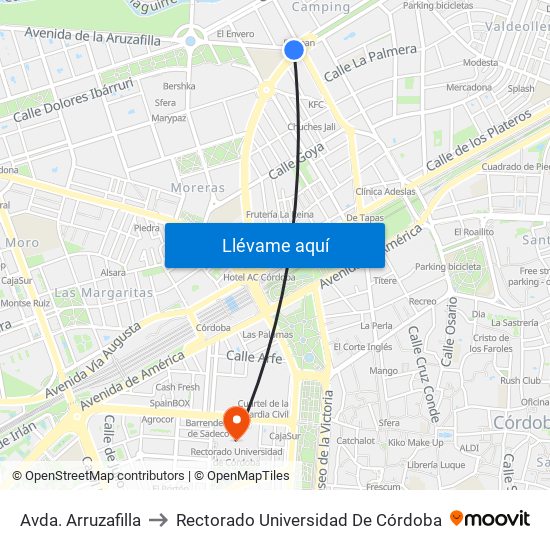 Avda. Arruzafilla to Rectorado Universidad De Córdoba map
