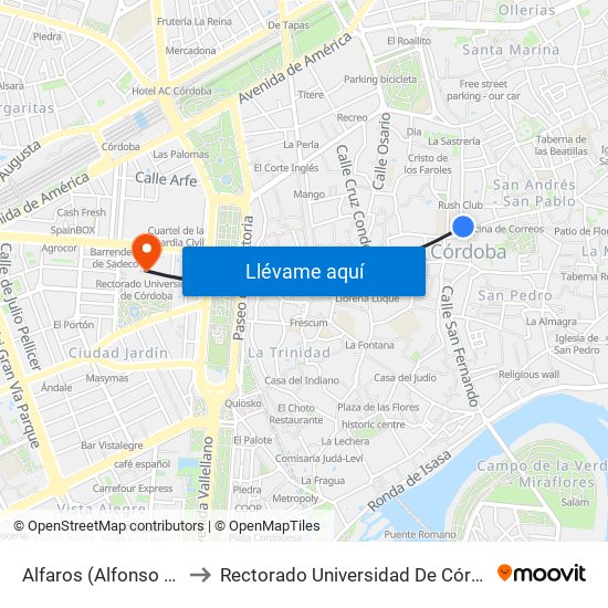 Alfaros (Alfonso Xiii) to Rectorado Universidad De Córdoba map
