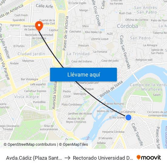 Avda.Cádiz (Plaza Santa Teresa) to Rectorado Universidad De Córdoba map