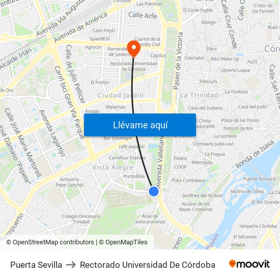 Puerta Sevilla to Rectorado Universidad De Córdoba map