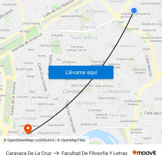 Caravaca De La Cruz to Facultad De Filosofía Y Letras map