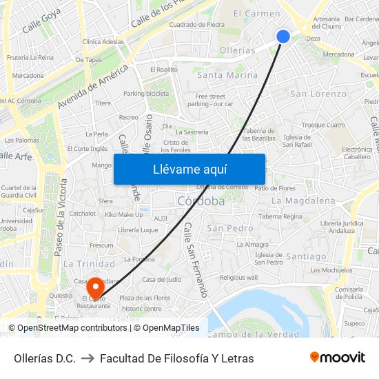 Ollerías D.C. to Facultad De Filosofía Y Letras map