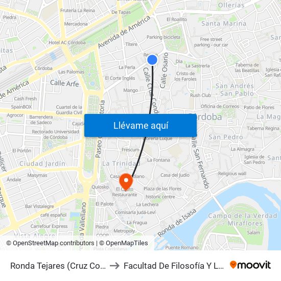 Ronda Tejares (Cruz Conde) to Facultad De Filosofía Y Letras map