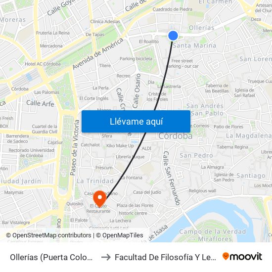 Ollerías (Puerta Colodro) to Facultad De Filosofía Y Letras map