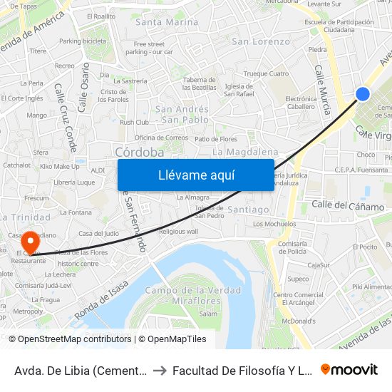 Avda. De Libia (Cementerio) to Facultad De Filosofía Y Letras map