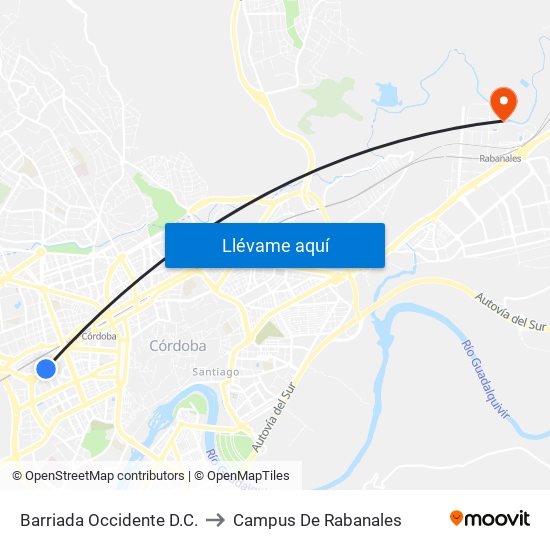 Barriada Occidente D.C. to Campus De Rabanales map