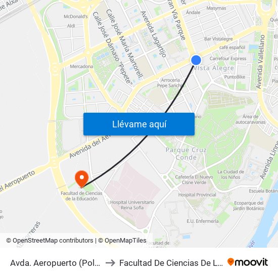 Avda. Aeropuerto (Polideportivo) to Facultad De Ciencias De La Educación map