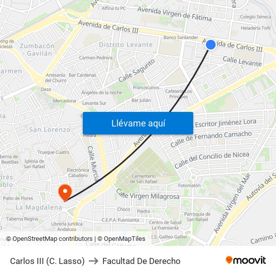 Carlos III (C. Lasso) to Facultad De Derecho map