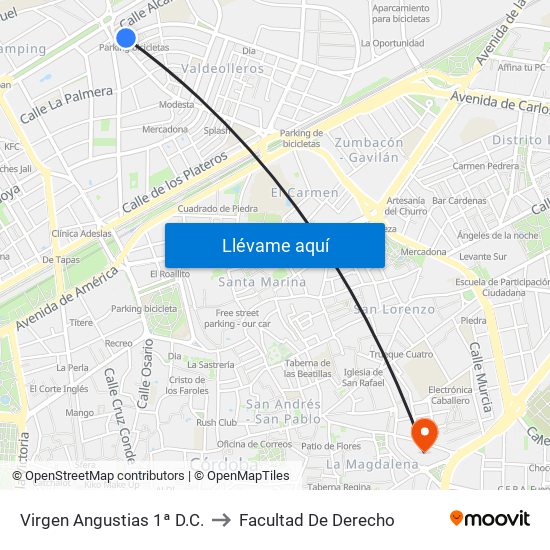 Virgen Angustias 1ª D.C. to Facultad De Derecho map