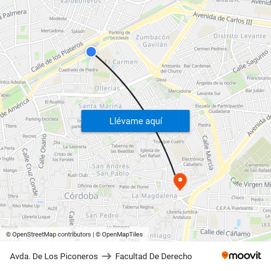 Avda. De Los Piconeros to Facultad De Derecho map