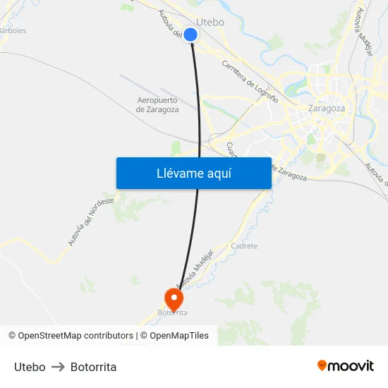 Utebo to Botorrita map
