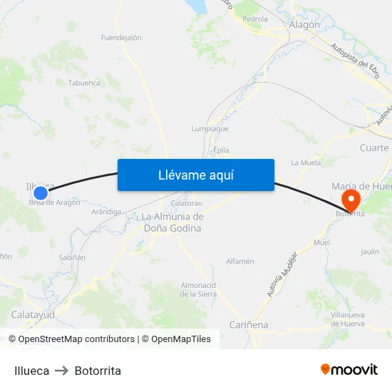 Illueca to Botorrita map
