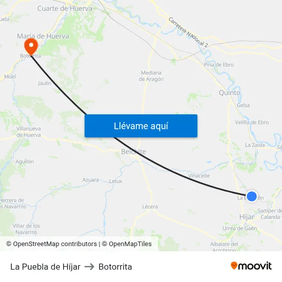 La Puebla de Híjar to Botorrita map
