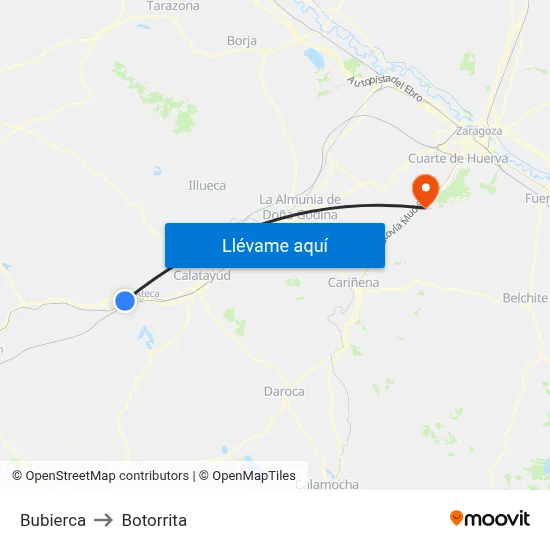 Bubierca to Botorrita map