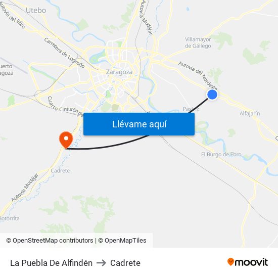La Puebla De Alfindén to Cadrete map
