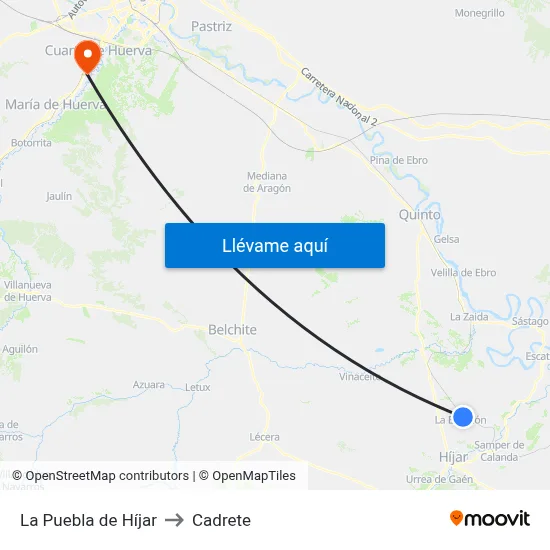 La Puebla de Híjar to Cadrete map