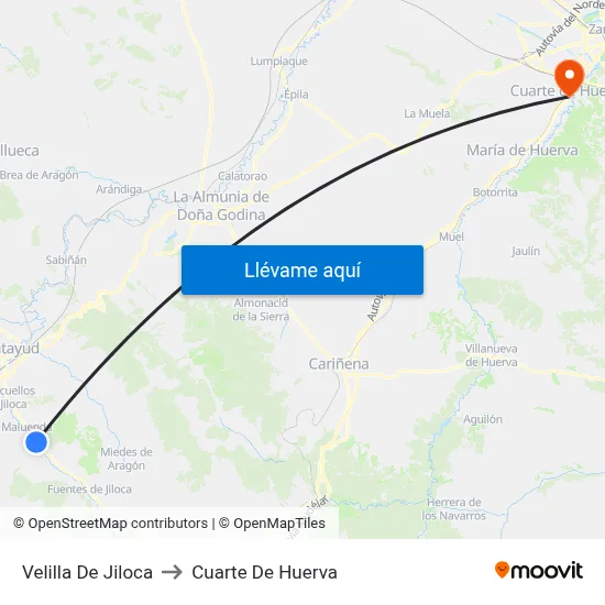 Velilla De Jiloca to Cuarte De Huerva map