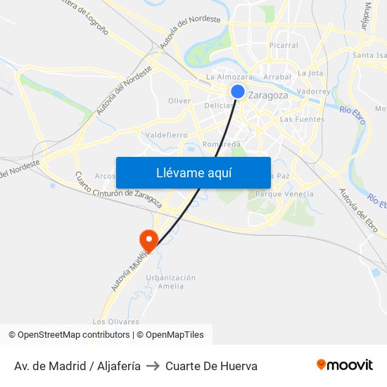 Av. de Madrid / Aljafería to Cuarte De Huerva map