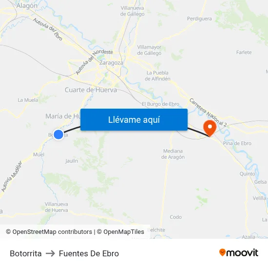 Botorrita to Fuentes De Ebro map